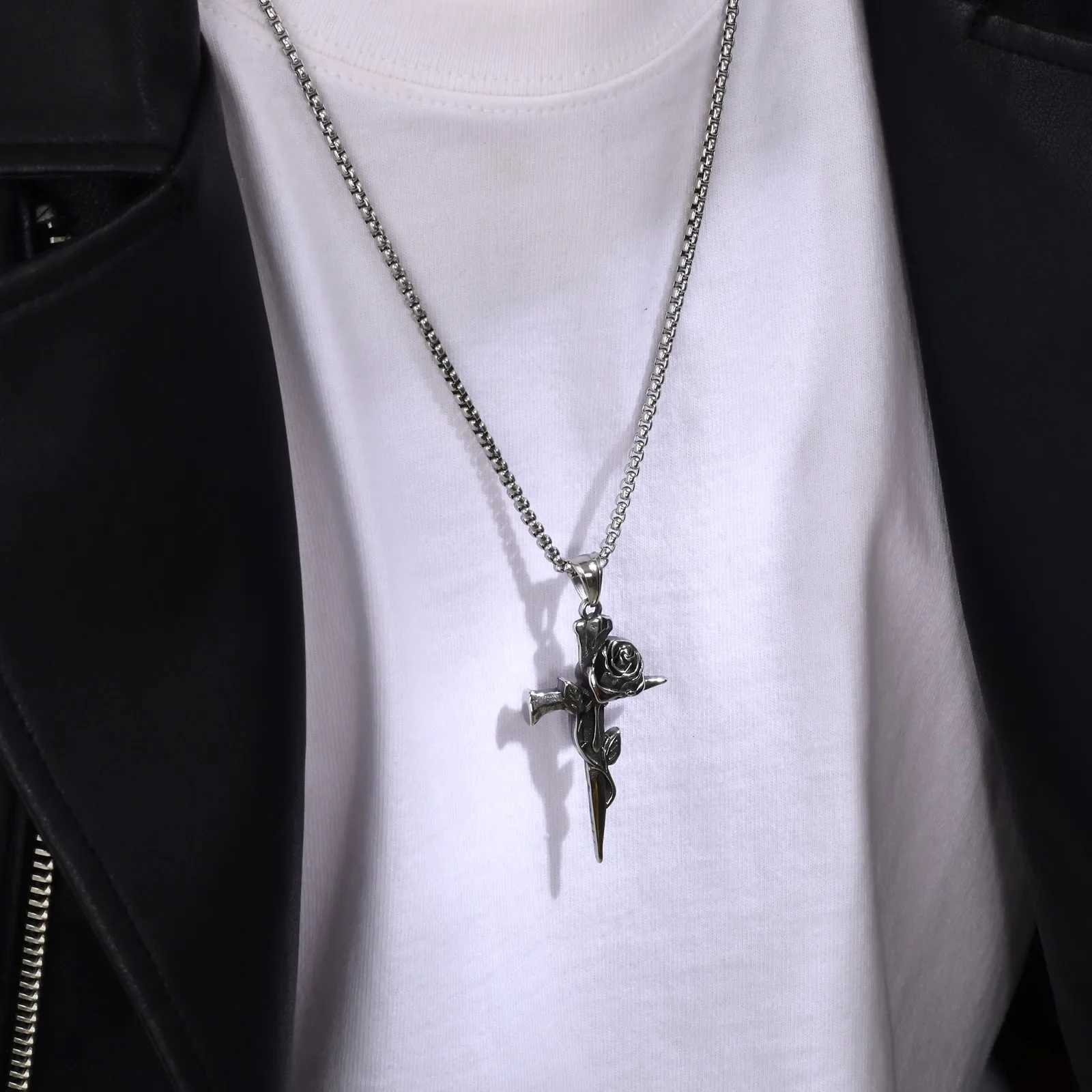 New Gothic Punk Rose Flower Necklaces for Men Hip-hop Silver Color Retro Cross Pendant Collar Jewelry Decoration Gifts Wholesale XJ250604