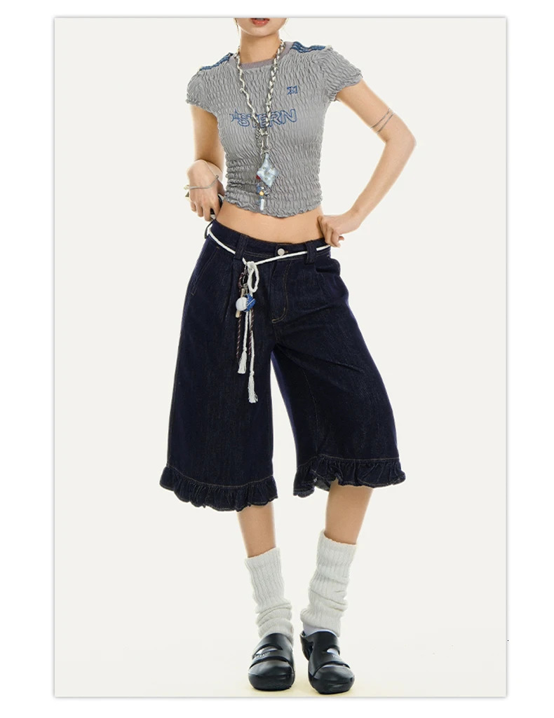 Summer Women Evening Y2k Streetwear Jorts Gyaru Ruffle Denim Shorts Low Waist 2000s Japanese Harajuku Jean Pants Korean Fashion 250604