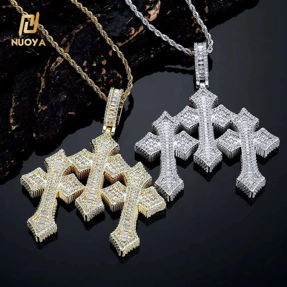 Iced Out Hip Hop Jewelry Crystal Custom Three Cross Pendant Big Size Shiny Baguette Diamond Charm Cross Pendant