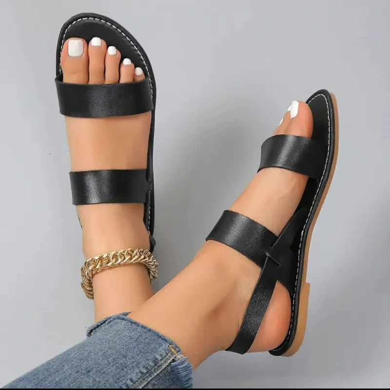 Women Flat Sandals Leather Cross Strap Rome Style High Quality Summer Ladies Shoes Buckle Womens Shoes 250605