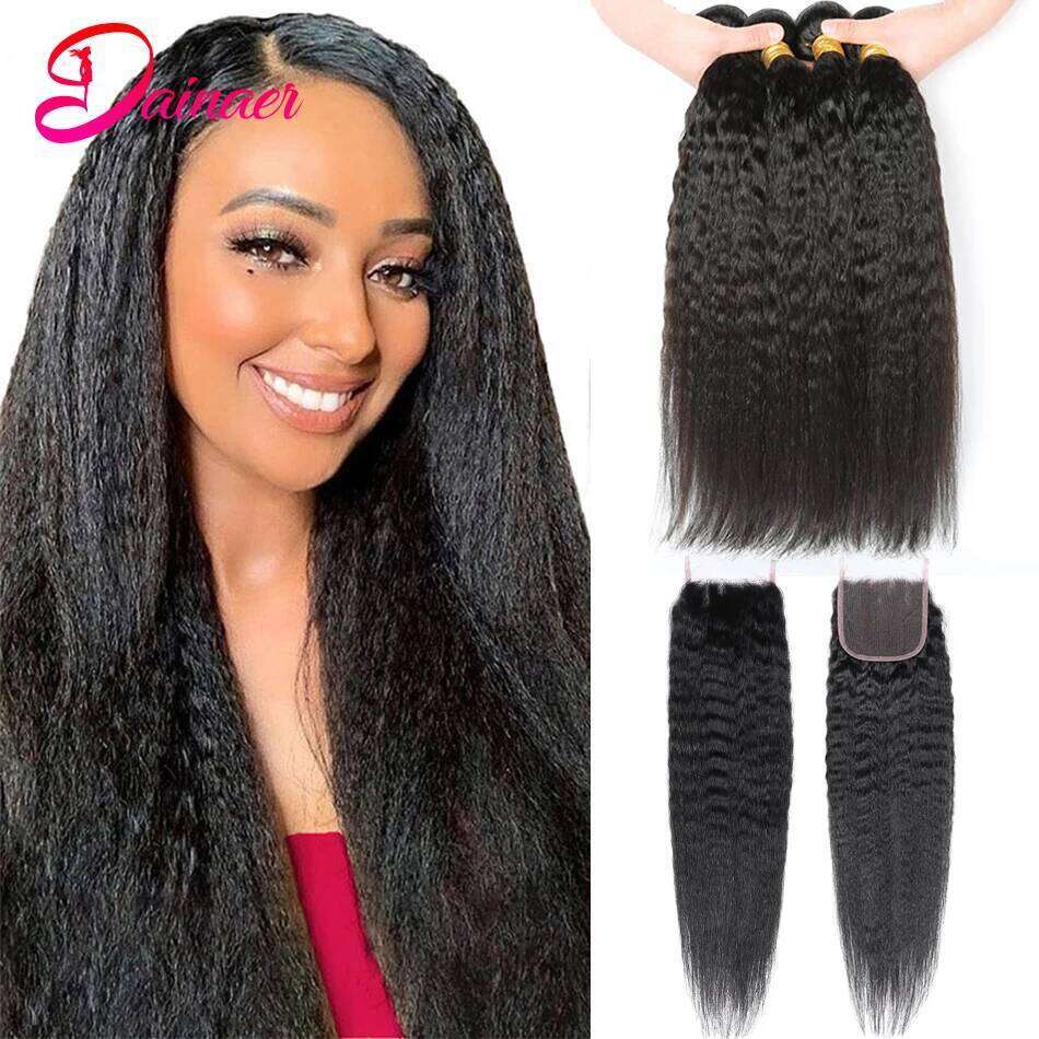 Kinky 3 Yaki Straight 4x4 Human Hair Bundles With Closure
