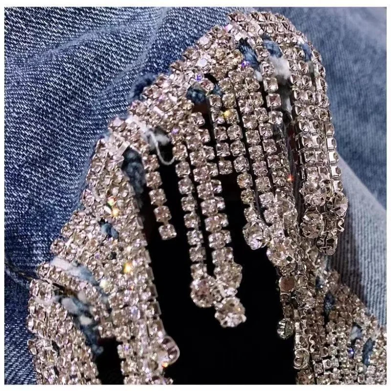 Sexy Women Rhinestones Fringed High Waist Drilling Denim Shorts Diamonds Tassels Jeans Pants Chic Crystal Short Trousers 250604