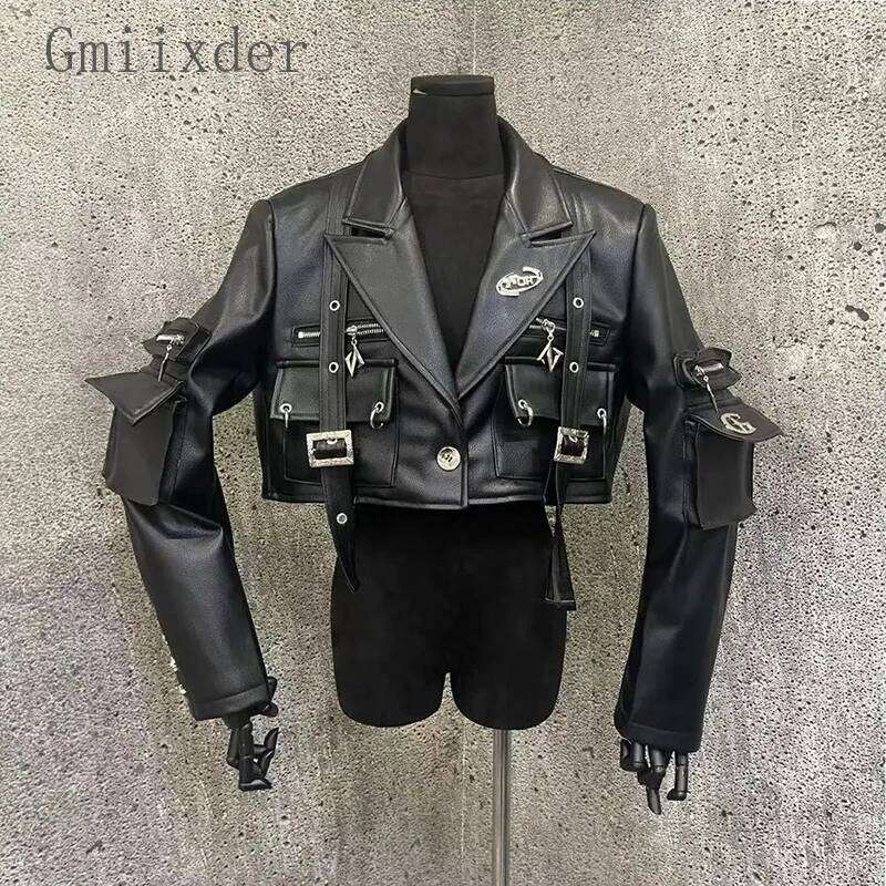 Gmiixder Punk Niche Original Metal Decoration Motorcycle PU Leather Jacket Short Coat Unisex Autumn 2024SS Streetwear