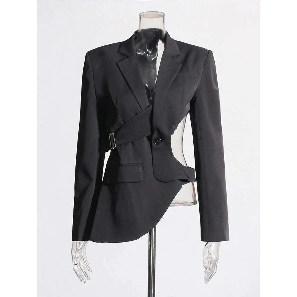 Coats Designer Women TWOTWINSTYLE Solid Designer Hollow Out Blazer For Women Notched Collar Long Sleeve Patchwork Button Elegant Blazers Female New De