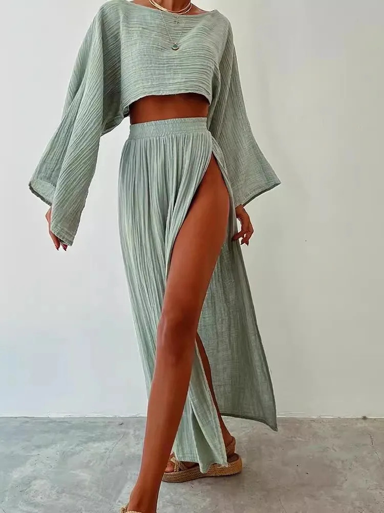 Summer Fashion Cotton Linen Skirt Suit Women O Neck Top Side Long Slit Skirts 2 Piece Set Y2k High Street Casual Loose Outfit 250605Z