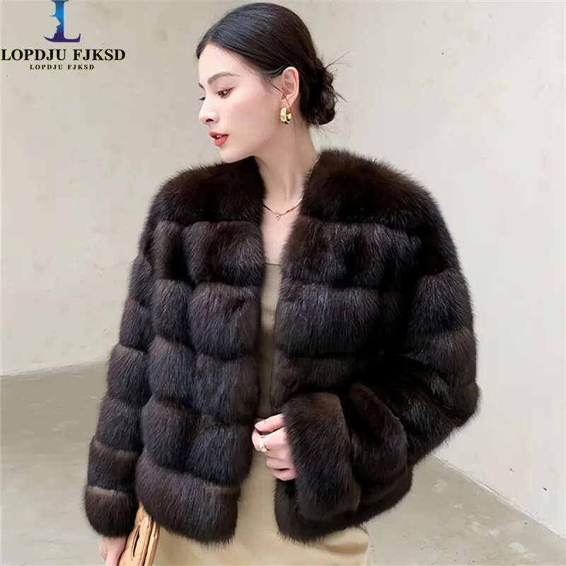 Women's Covered Button Faux Mink Fur Coat, O-Neck Short Jacket,Thick Warm Clothes,England Style,Autumn And Winter, 2024