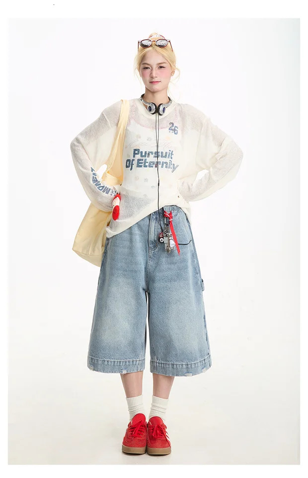Y2K Street Vintage Washed Cat Whiskered Style Wide Leg Bermuda Jeans Knee Length Denim Jorts Casual Shorts Cropped Trousers 250604