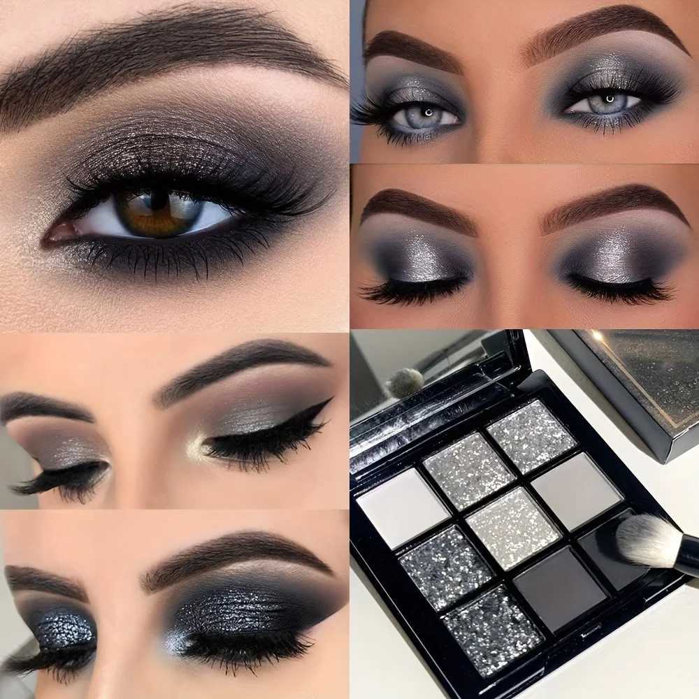 9 Colors Punk Smokey Matte Glitter Eyeshadow Palette Shimmer Eye Shadow Makeup Palette Cool Toned Gray Black Eye Pigment Palette W250605