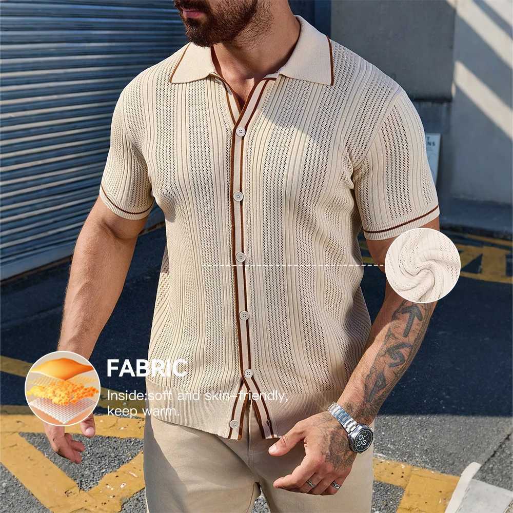 Slavinson Mens Short Sleeve Summer Fashion Retro Knit Lapel Top Solid Color Soft Breathable Light Polo Knitwear Men US Size XJ250605
