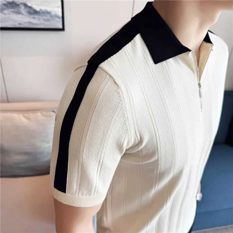 Men Knitted Polo Shirt British Style Summer Light Thin Short Sleeved Daily Wear Top Casual Striped Lapel T Shirt Men Clothing XJ250605