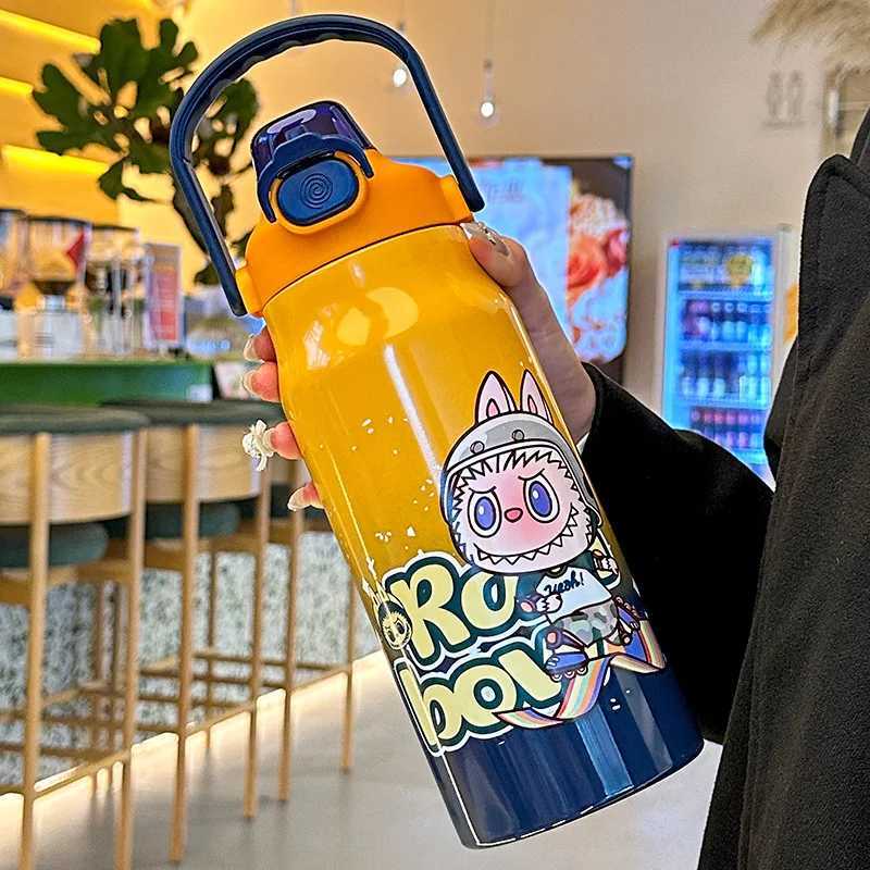 LABUBU Cartoon Sports Water Cup 1000/1200ml Large Capacity Water Cup with Straw Vacuum Insulated Kettle Outdoor Use Perfect Gift X2506051