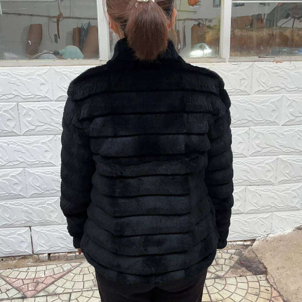 Fancy Rani Rex Rabbit Coat Women Winter Jacket Real Leather And Fur Clothing Female Outerwears With 2024 Black Cold