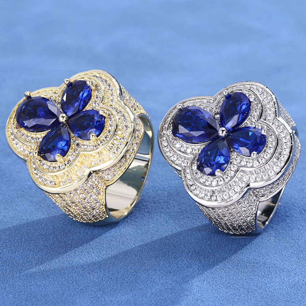 New Blue Flower Design Ring for Men Hip Hop Micro Paved Moissanite Four-Leaf Clover Ring moissanite