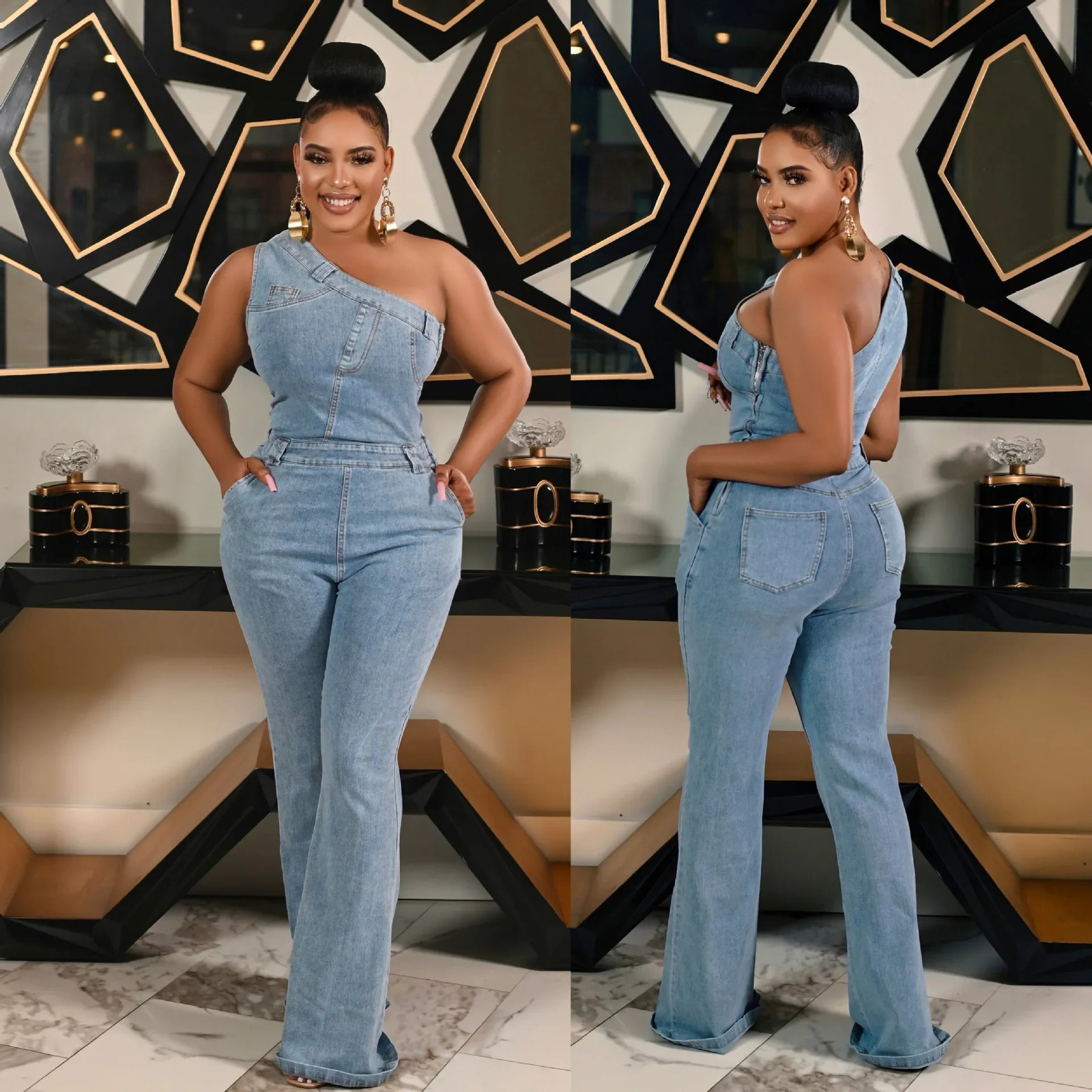 Flare Denim Pants Full Length Women Jeans One Piece Overalls Spliced Solid Jumpsuits Loose Pockets High Waist Basics Washed 250604