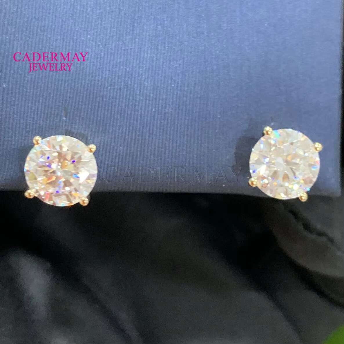 Real 14k Yellow Gold 4Prongs D VVS Moissanite Stud Earrings Pass Diamonds Tester Women Engagement Wedding Jewelry