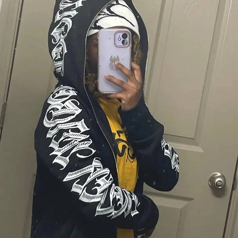 Y2k Fashion Hoodies Men Haruku Gothic Printed Oversized Full Zipper Sweatshirts Pants Hip Hop Hooded Jacket Coats Streetwear