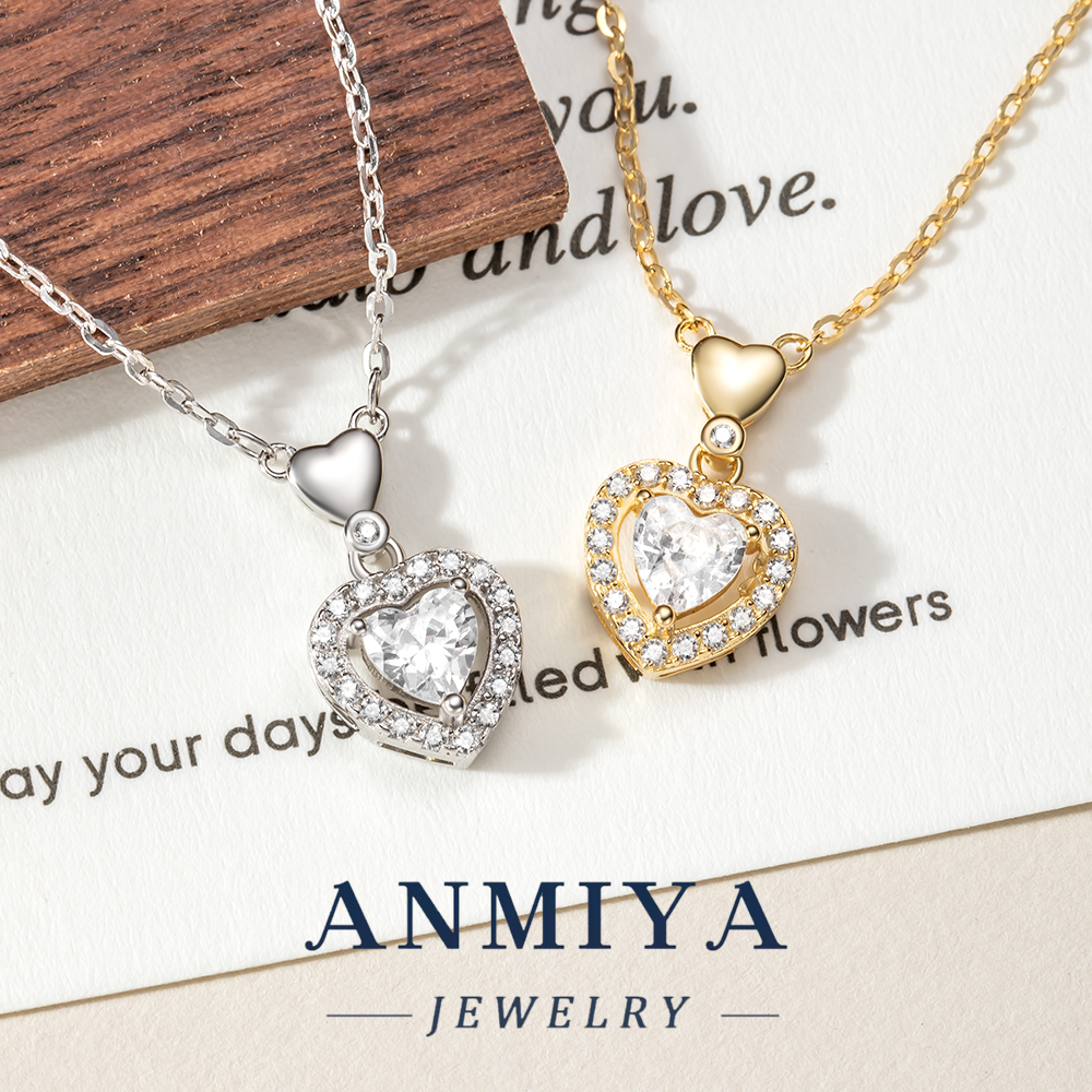 Classic 925 Silver Jewelry Heart Zircon Inlay Pendant Necklace with Heart Shackle for Anniversary Gifts