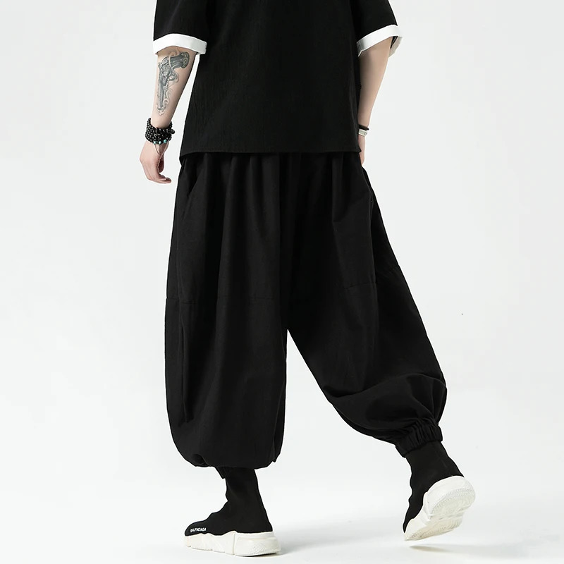 Summer Men Wide Leg Pants Men Dark Wind Solid Color Casual Pants Japanese Styles Harun Pants Men Cotton Linen Lantern Pants 250604