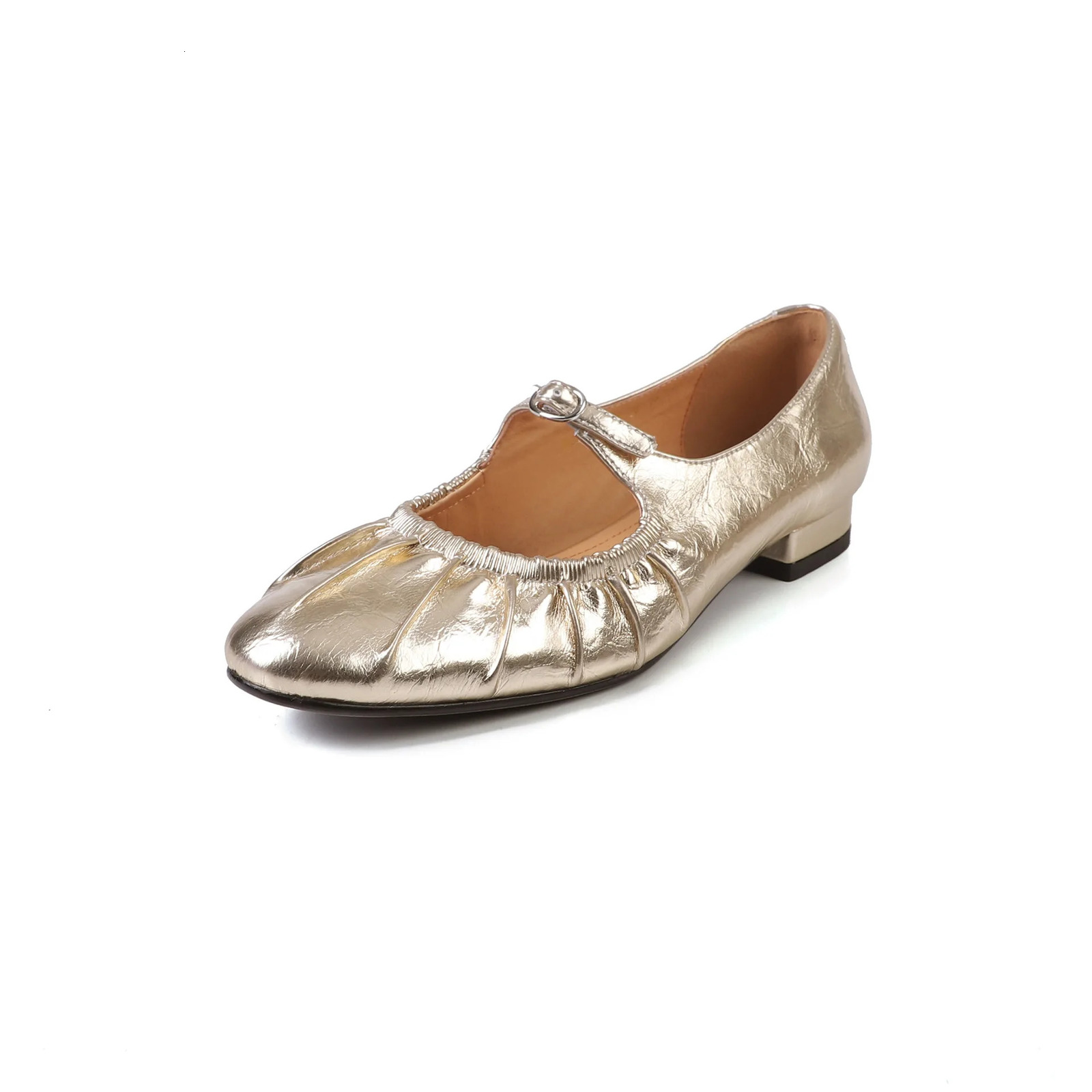 S2509 Soft Crinkled Lambskin Mary Jane Flats Spring 2025 Chunky Pointed Toe Genuine Leather Womens Shoes 250603