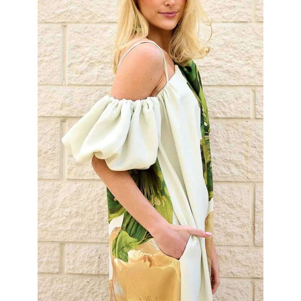 Women Elegant Floral Printed Evening Banquet Maxi Dresses 2025 New Summer Puff Sleeves One-Shoulder Party Prom Long Dress