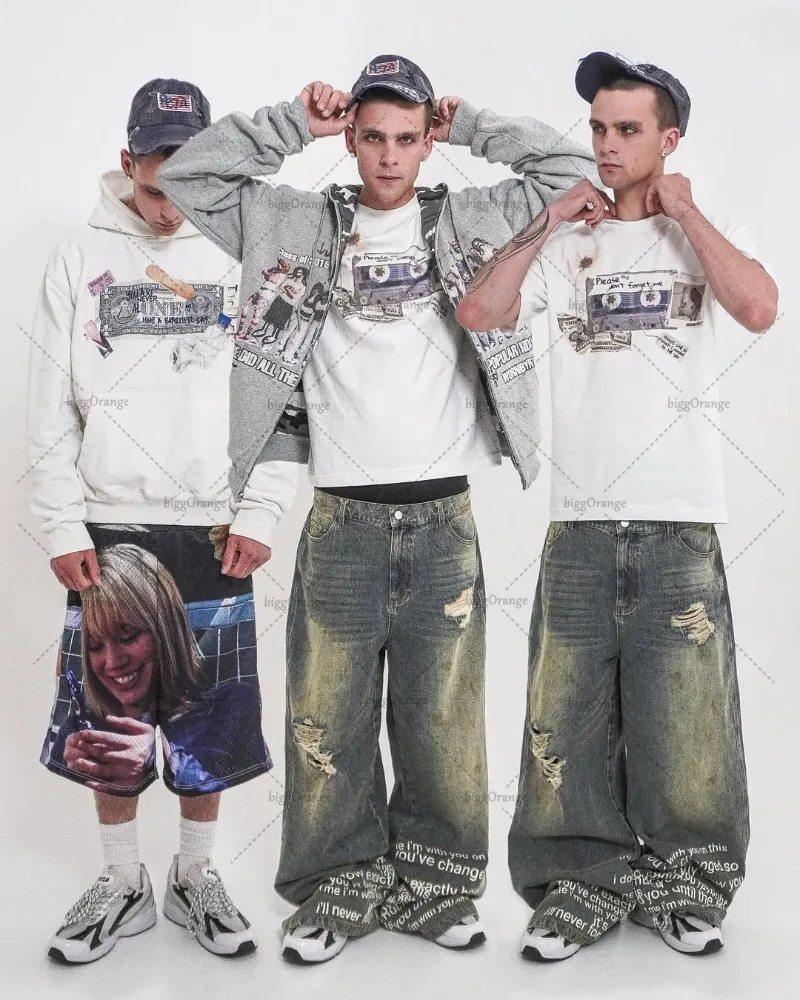 Gothic Hip Hop Streetwear Trousers Men Punk Harajuku Baggy Y2K Jeans Women High Street Trend Retro Washed Straight Pants 250604