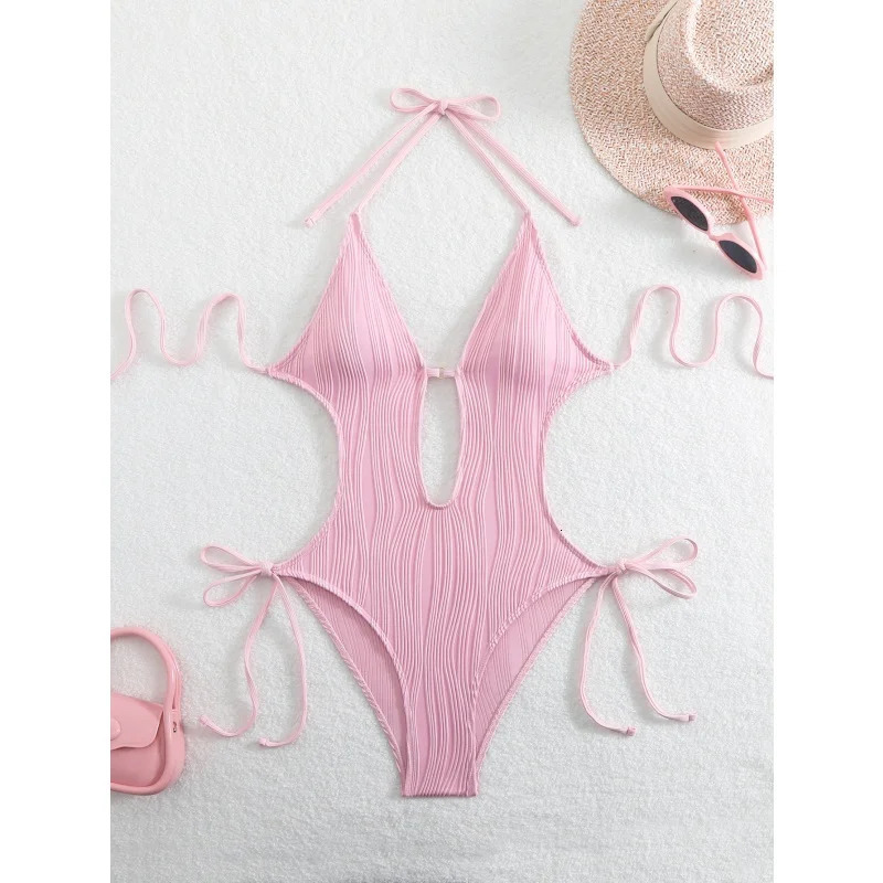 Sexy Halter V Neck Ruched Swimwear Women Hollow Out Bandage Backless One Piece Swimsuit Solid High Leg Cut Bathing Suit 250604
