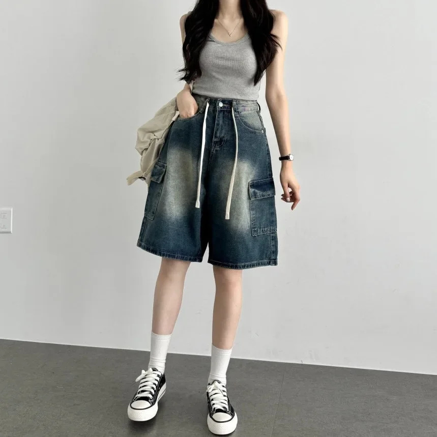 Loose Fit High Waist Straight Leg Denim Shorts with Big Pockets Japanese Style Workwear FivePocket Washed Jeans Shorts 250604