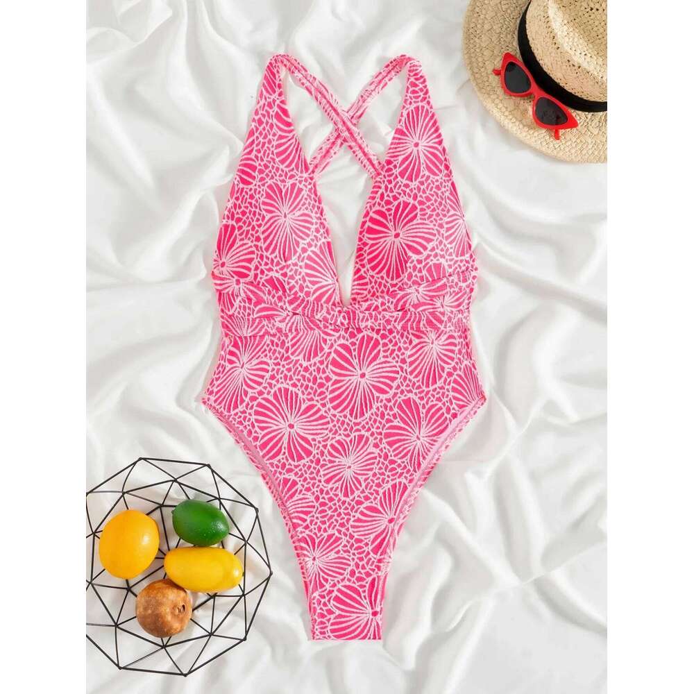 New Sexy V-neck One Piece Swimsuit For Women Cross Bandage High Waisted Bathing Suit Cut Out Monokini Printed Swimwear Beachwear