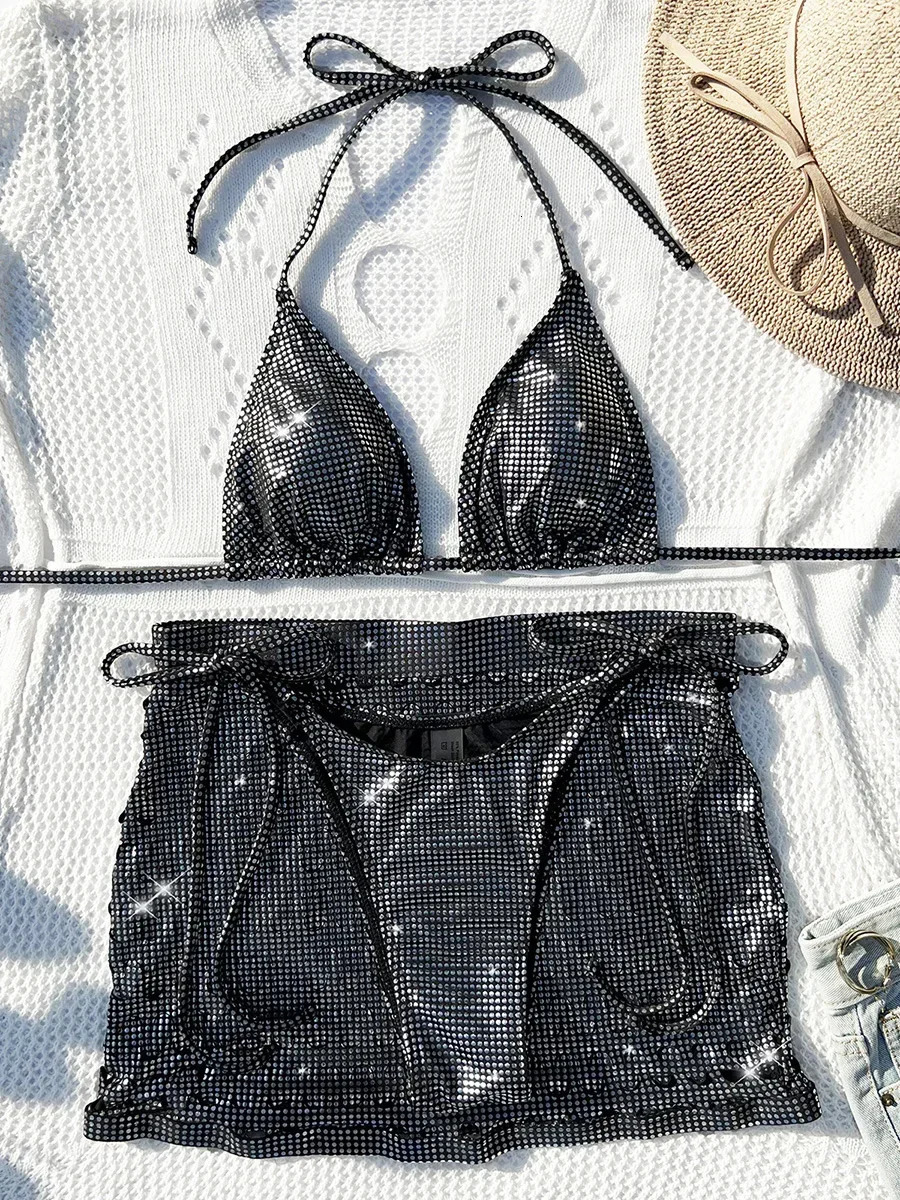 with Sarong Skirt Shiny Sequins Halter Bikini Women Swimwear Female Swimsuit Threepieces Set Bathing Suit Swim Beachwear 250604