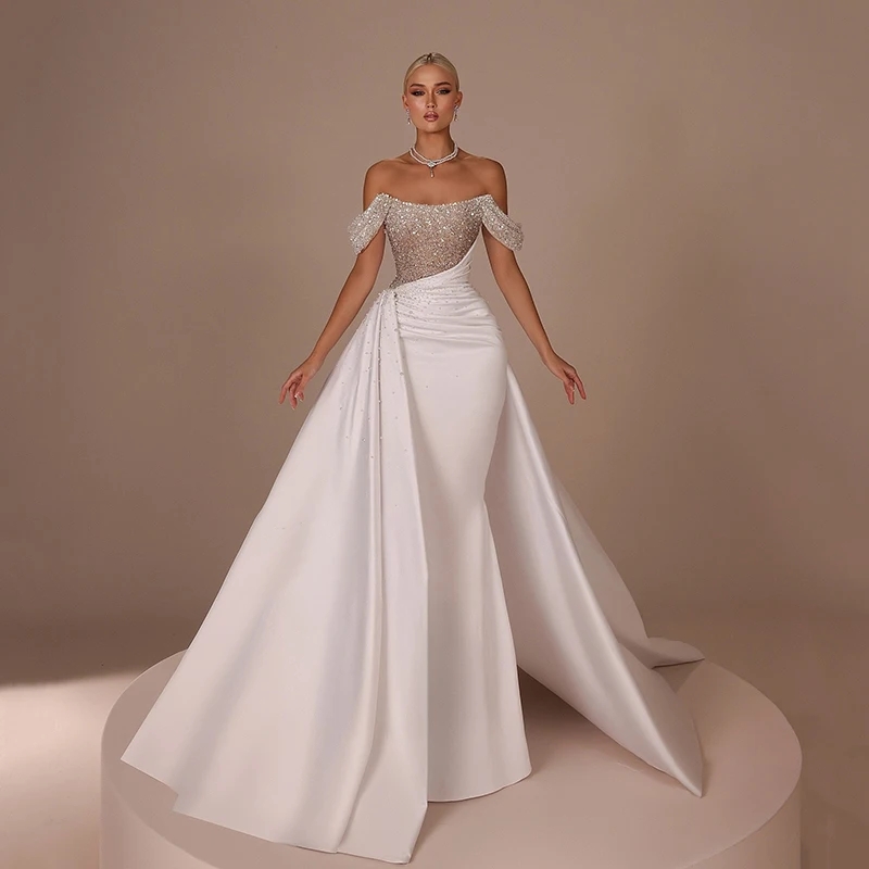 2025 Gorgeous Mermaid Wedding Dress Off The Shoulder Pleats Beadings Pearls Long Train Satin Church Bridal Bride Gowns Vestidos De Noiva