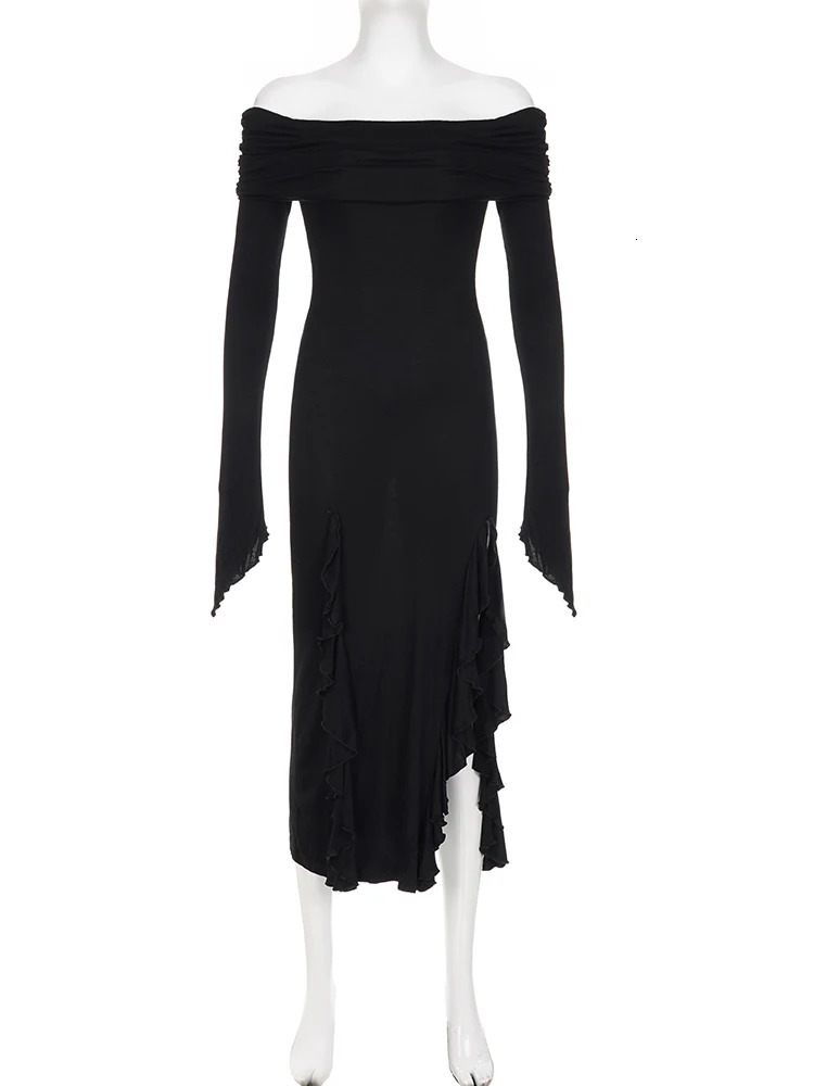 IAMSURE Elegant Fashion Dark Ruffles Split Long Dress Gothic Slash Neck Sleeve Maxi Dresses For Women 2023 Holiday Beach 250526