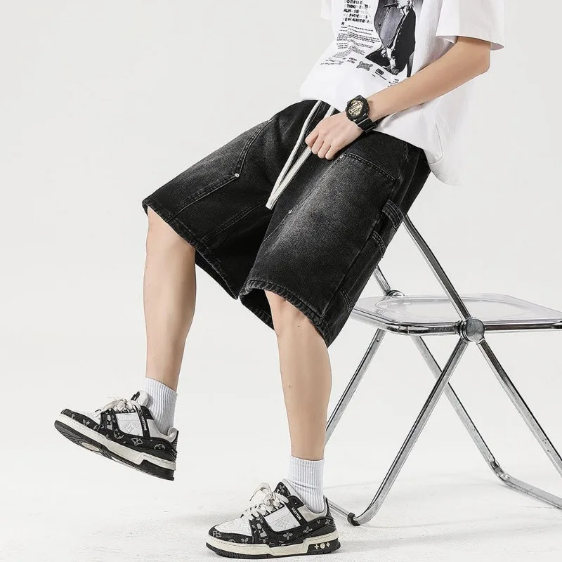 Fashion Streetwear Mens Denim Shorts Summer Loose Vintage Harajuku Splicing Hiphop Cargo Moto Short Jeans Black Blue 250604