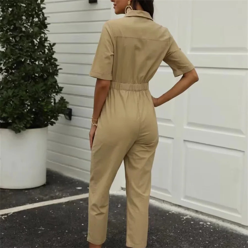 womens casual and elegant n with European American style shortsleeved solid color linen jumpsuit 250604