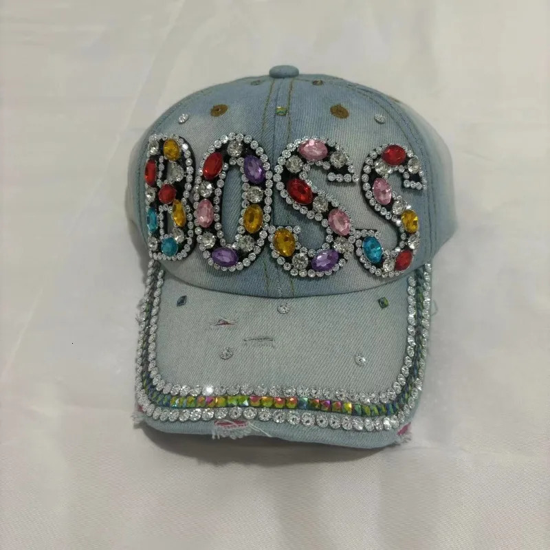 2025 Diamond Studded Letter BOSS Baseball Cap Denim with Holes Versatile Outdoor Sunshade and Sun Protection Hat for Women 250603