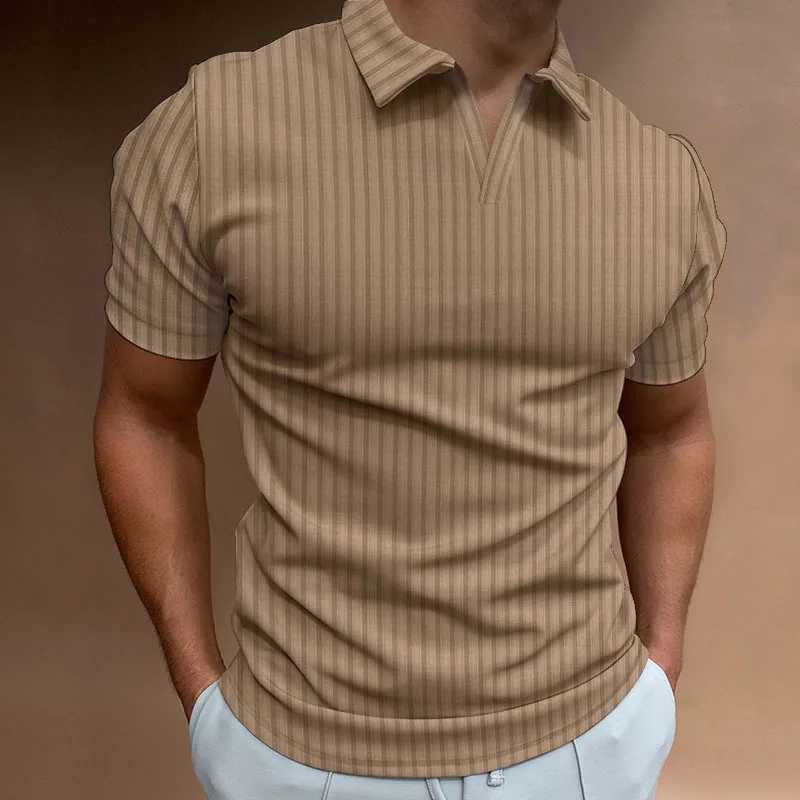 Europe And The United States New Summer POLO Shirt Solid Color Casual Short Sleeve Lapel V Line Striped Short Sleeve Mens T-shirt XJ250605