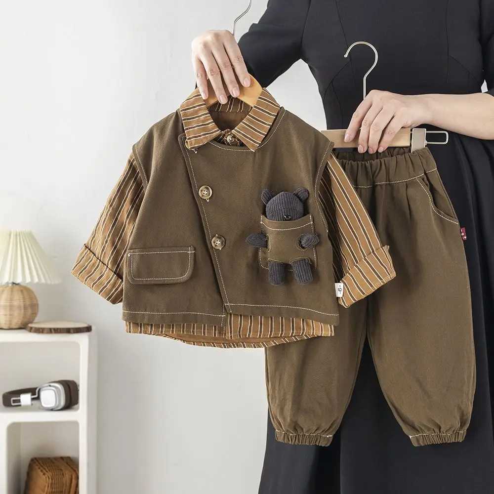 Spring and Autumn Childrens Clothing Set 2025 New Korean Version Boys Baby Vest Shirt Pants 3-Piece Set Kids Outfits 80-120cm R250606