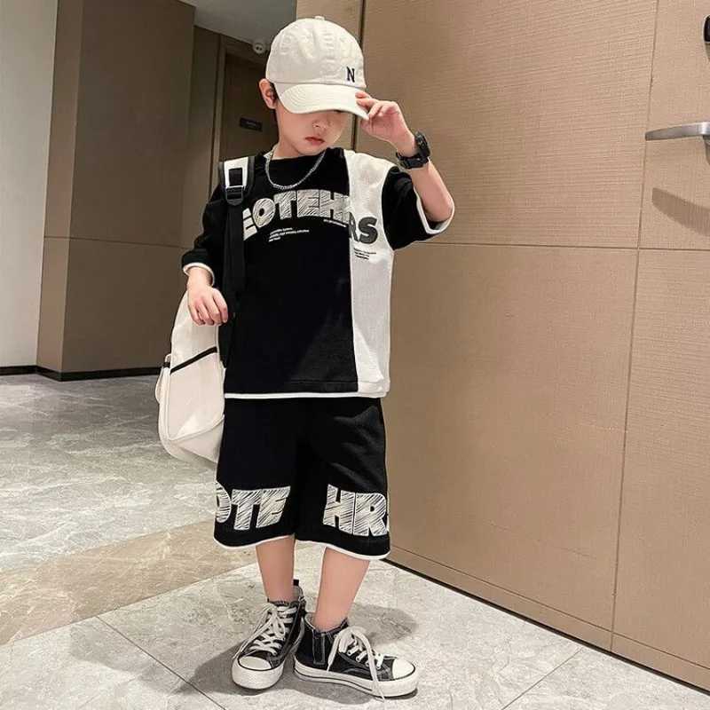 Boys summer tracksuit set 2025 new casual childrens sports T-shirt+shorts two-piece set R250605