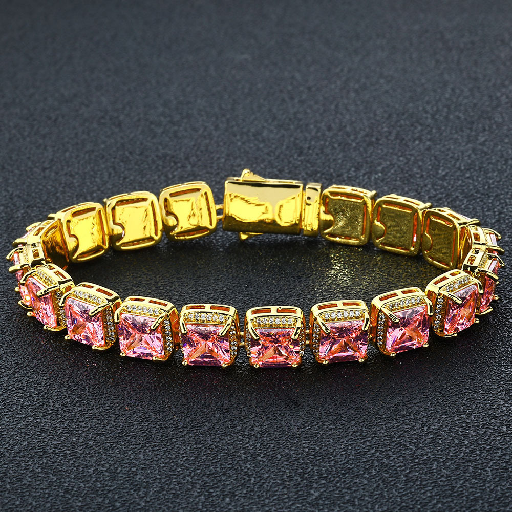 10mm Rock Candy Chain Pink Moissanite Bracelet Hip Hop Jewelry Versatile High-end Mens Bracelet