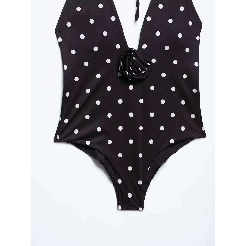RARA Ladies Sleeveless Halter - Style Polka Dot Swimsuit with 3D Flower Decoration Trendy and Elegant Women's Swimwear