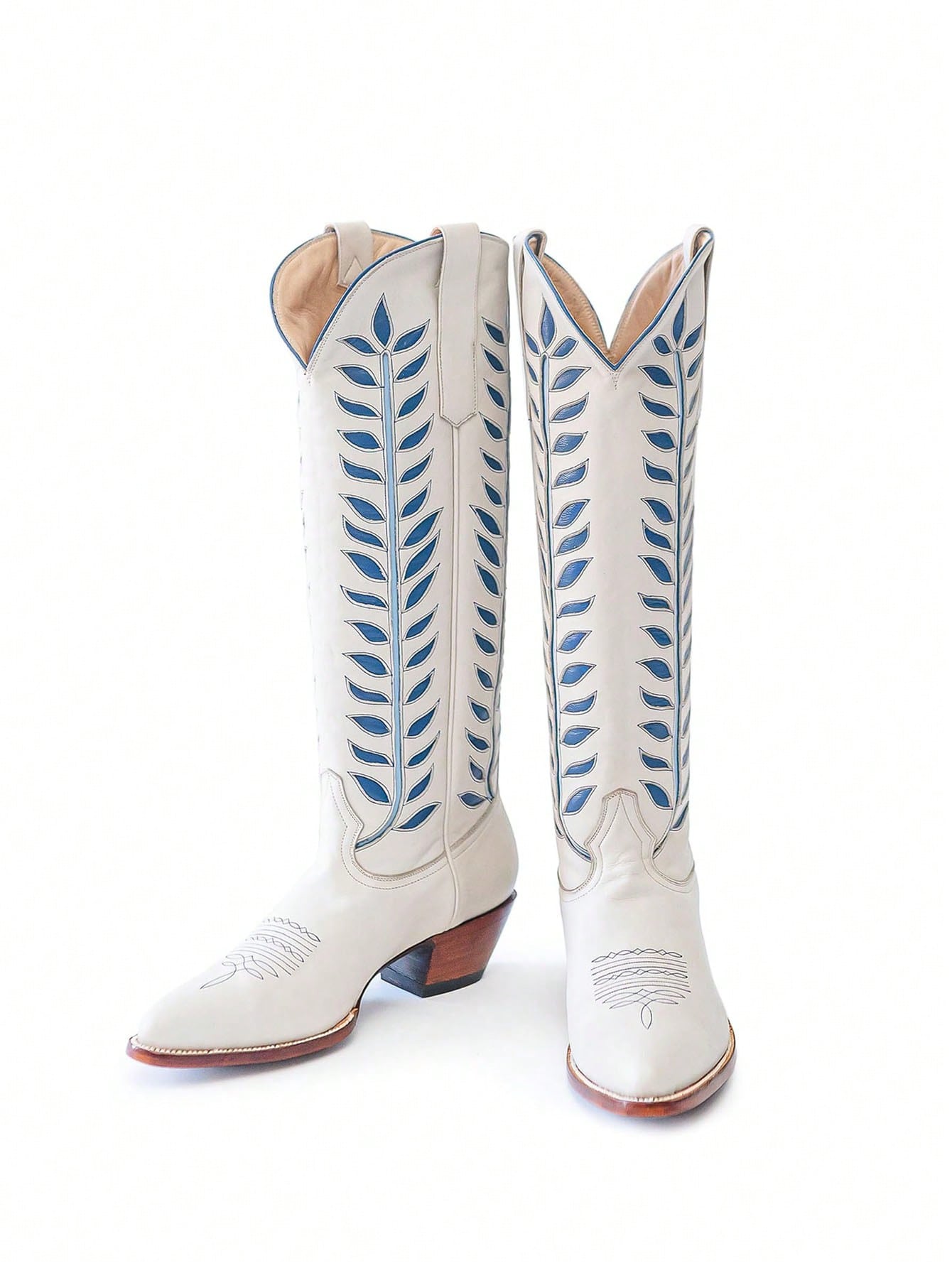 Lanjia- Arqa Womens Knee High Cowboy Boots For Women Wide Calf Chunky Heel Fashion Stylish Embroidered Western Boot Cowgirl With Contrast Foliage Inla
