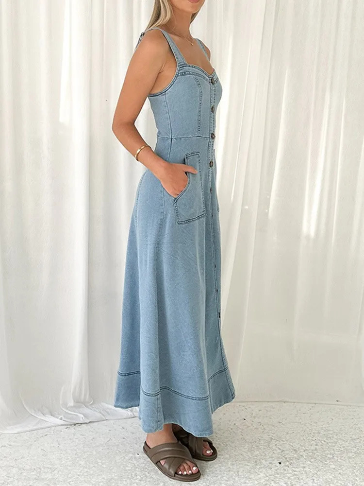 European and American style temperament slim high waist singlebreasted long denim suspender dress 250604