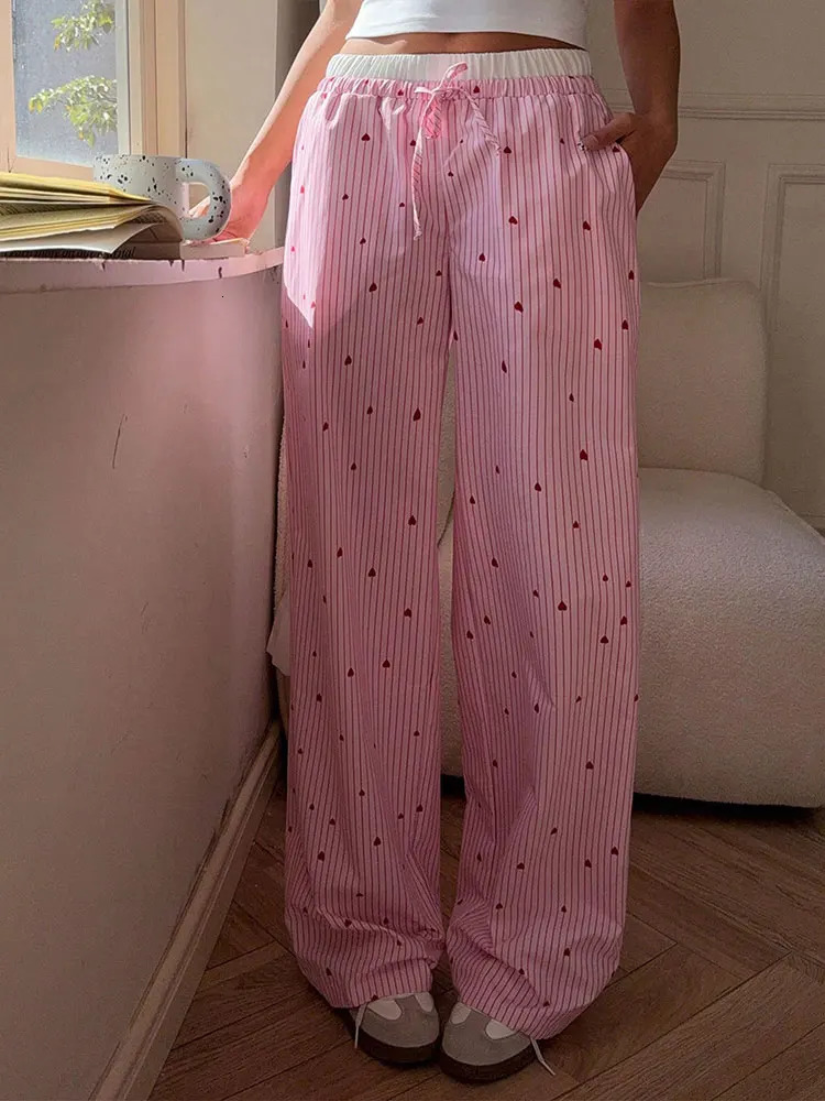 Summer Womens Trousers Streetwear Fashion Striped Print Love Laceup Casual Slim Pink Sexy Sweet Female Clothing 250604