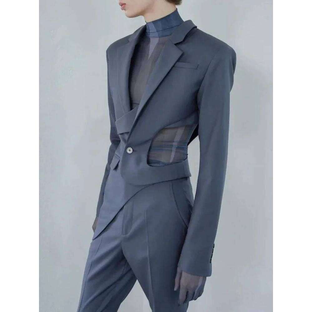 Coats Designer Women VGH Solid Hollow Out Casual Irregular Blazers For Women Notched Collar Long Sleeve Spliced Button Temperament Blazer Female New D