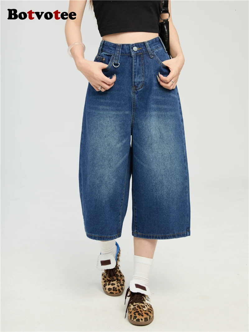 Botvotee Summer Calf Jeans for Women High Waisted Bermuda Shorts Wide Leg Baggy Cargo Denim Pants Y2k 2000s Vintage Loose Jeans 250604