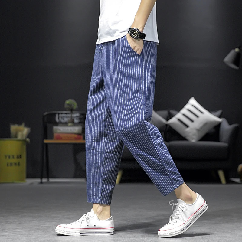 Summer Mens Large Size Classic Harem Pants 3 Colors Casual Fashion Stripe Drawstring Cropped Linen Thin Trousers 250605Z