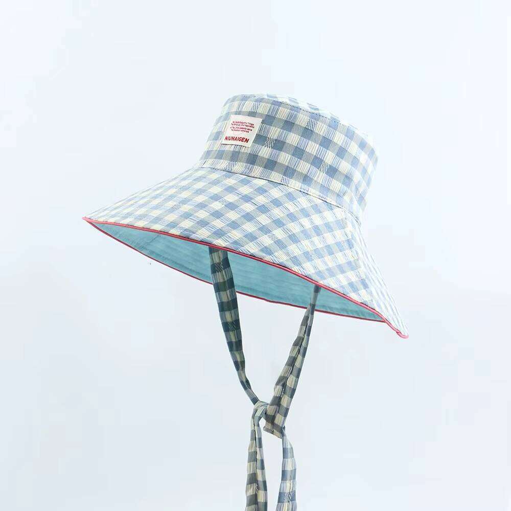 Reversible summer outdoor sun for traveling, lace-up plaid bucket hat, women's large brim, foldable sunshade hat