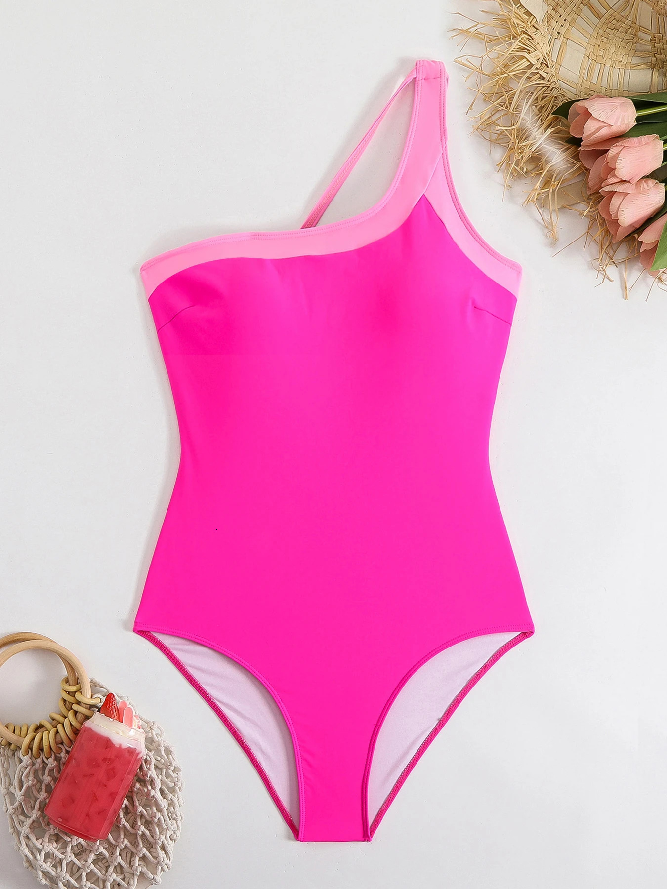 One Shoulder Swimwear Women Piece Swimsuit Female Bodysuit Monokini Patchwork Bathing Suit Beachwear Swimming Suit 250604
