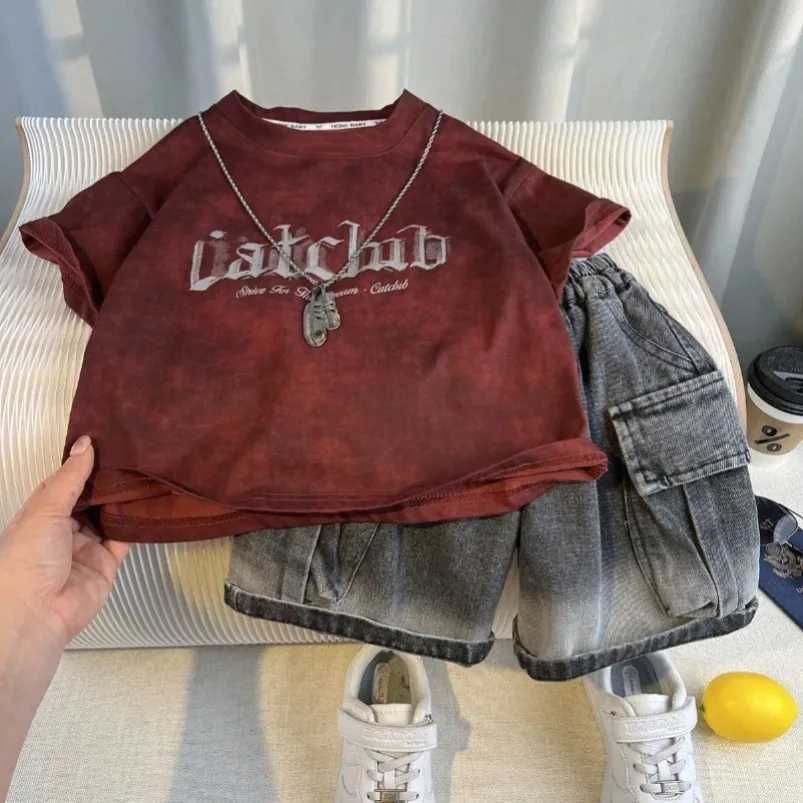 Best Fashion Korean Style Boys Summer Outfit 2PC T-Shirt Jean Shorts Dreams Come True Print Kids Clothes 2-10 Years Toddler Sets R250605