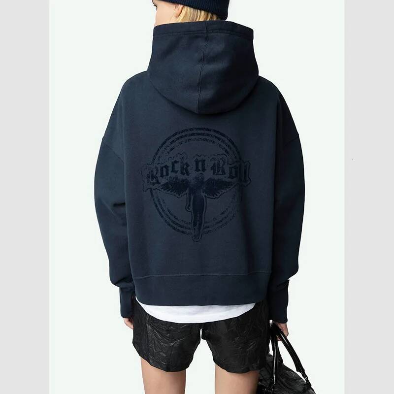 Autumn And Winter French Niche ZV Front Wing Print Back Angel Plush Plus Veet Women's Hooded Sweatshirt