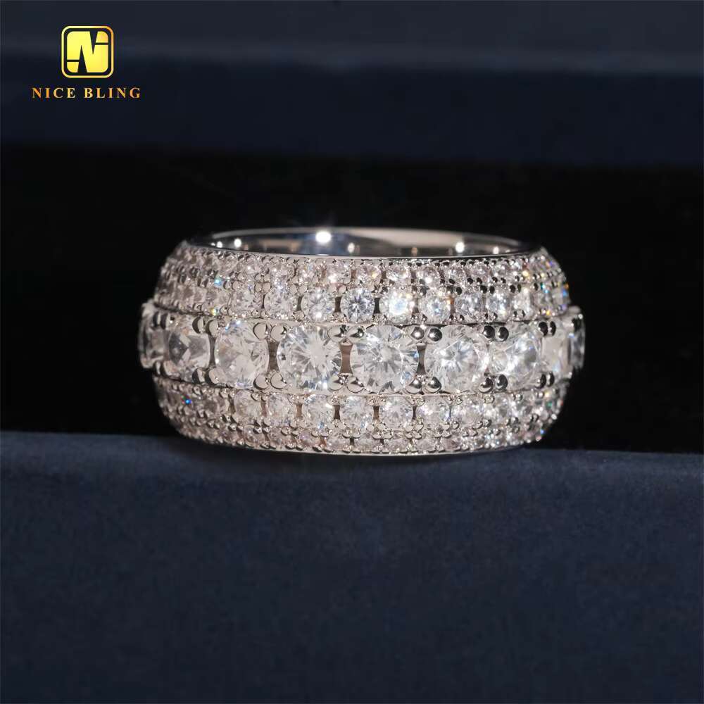 Fashion Jewelry Wholesale Price Hot Sale 5Row Hip Hop Moissanite Rapper Brass 5A Cubic Moissanite Jewelry Diamond Iced Out Ring for Men